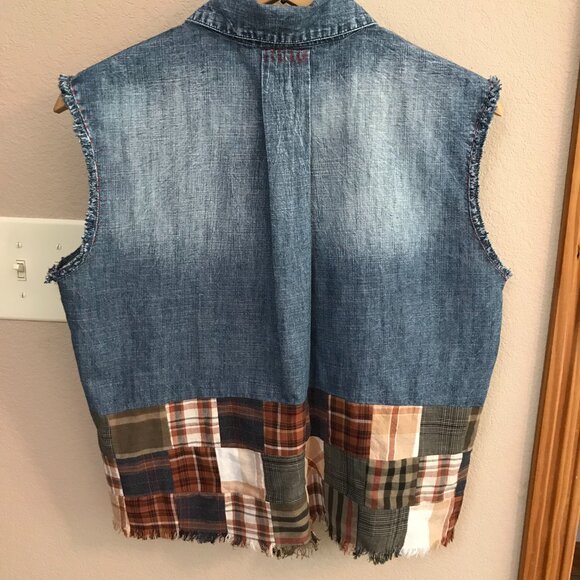 Sleeveless Patchwork Denim Shirt, Small: Upcycled Plaid Artsy Top with Fringe - Picture 8 of 10
